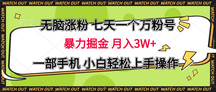 无脑涨粉 七天一个万粉号 暴力掘金 月入三万+，一部手机小白轻松上手操作-南山文化-综合网创资源-优质全网付费资源